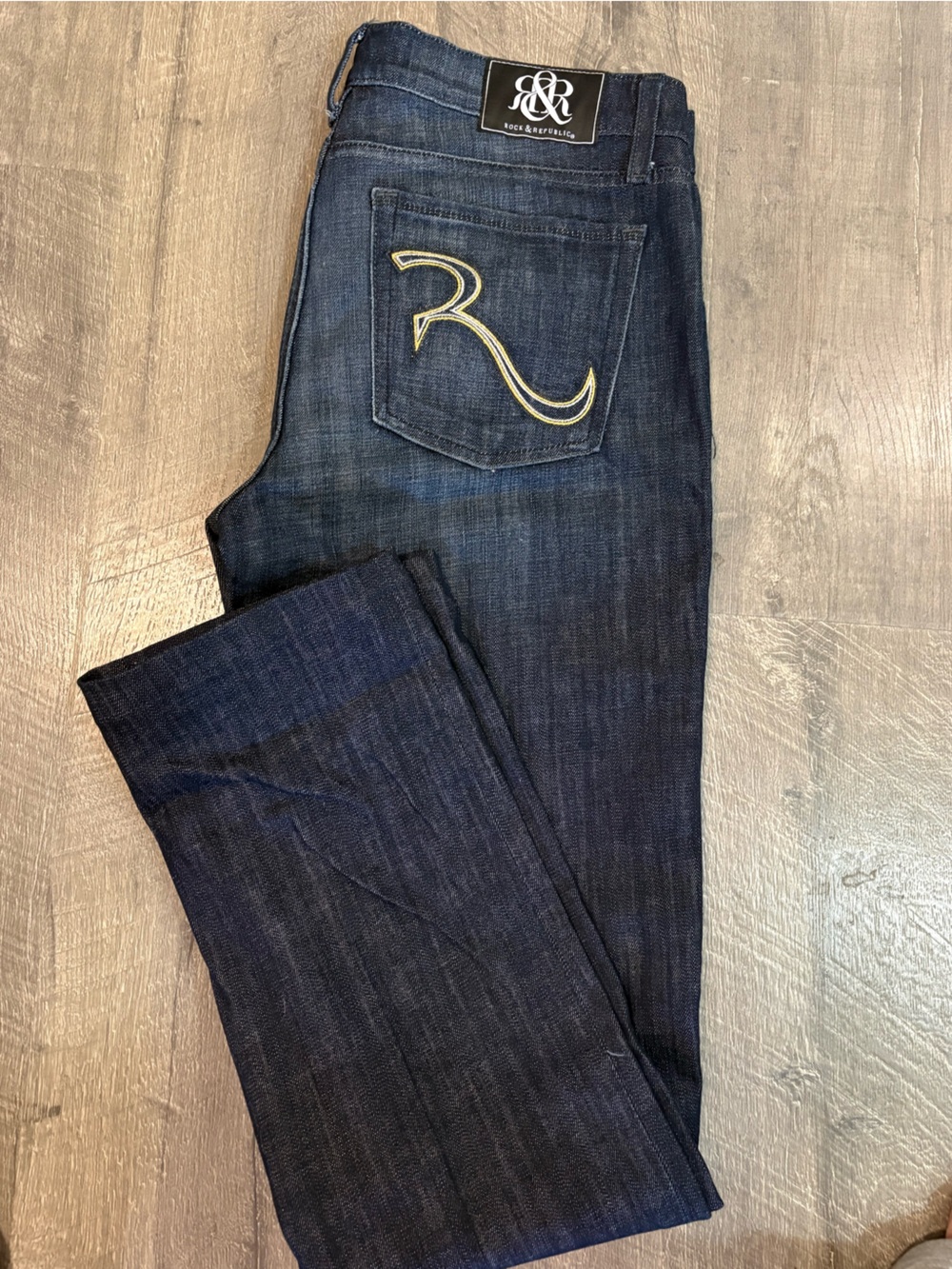 Rock & Republic Dark Indigo Slim Straight Jeans with Yellow Pocket Accent